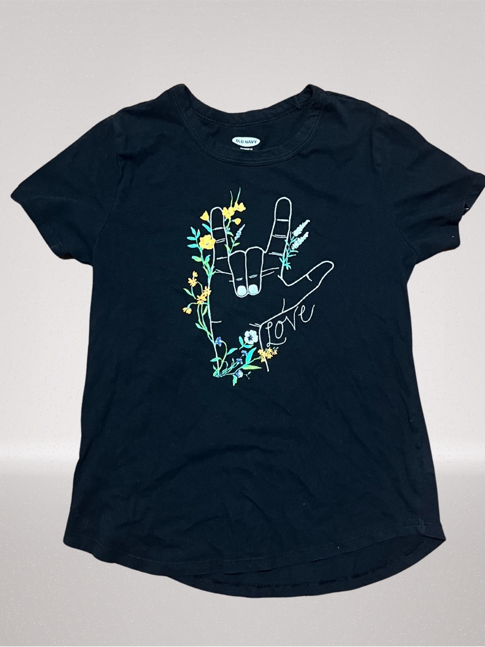 Old Navy EveryWear Women’s XS Black ASL Love Floral Graphic Tee
